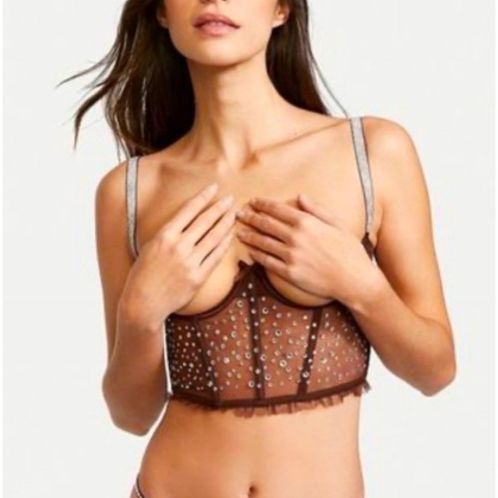 Victorias Secret Very Sexy‎ Open Cup Corset Brown Rhinestone Mesh Bustier Top